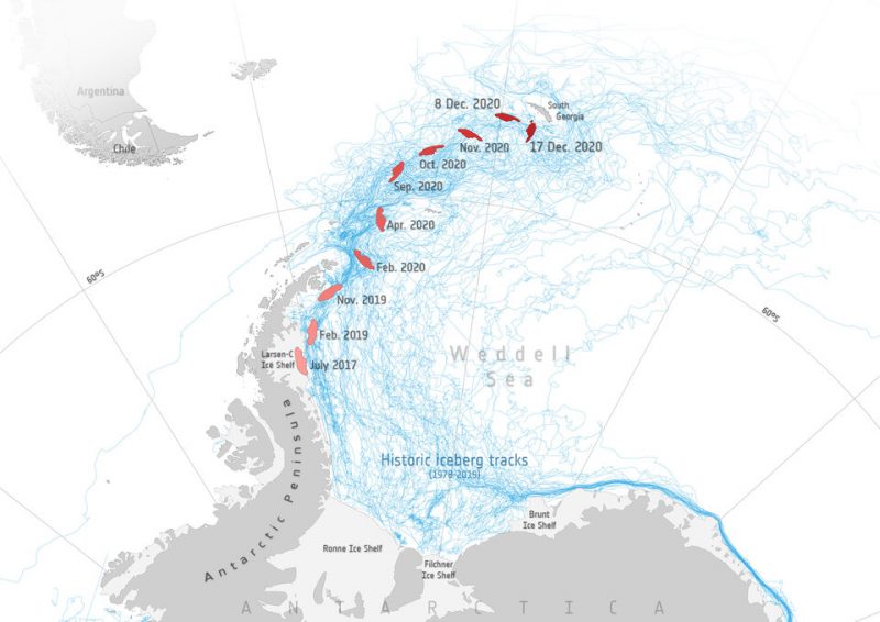 Map of iceberg's path, 2017 to 2020.