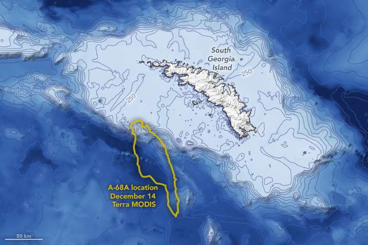 Map with contours of shallow waters around South Georgia and A-68A arriving at shallows.