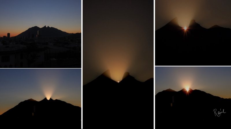 Personal solstices: Five images of sunrise rays beaming out from a notch in a mountain ridgeline.