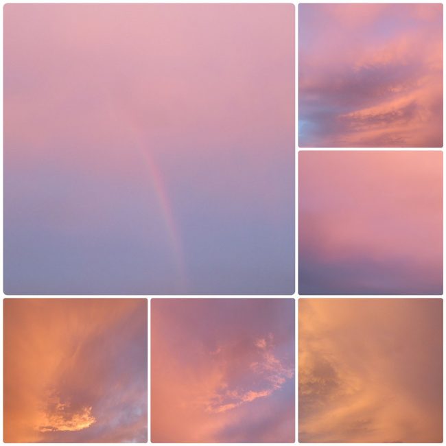 Six-panel montage of rainbow and pink sunset clouds.
