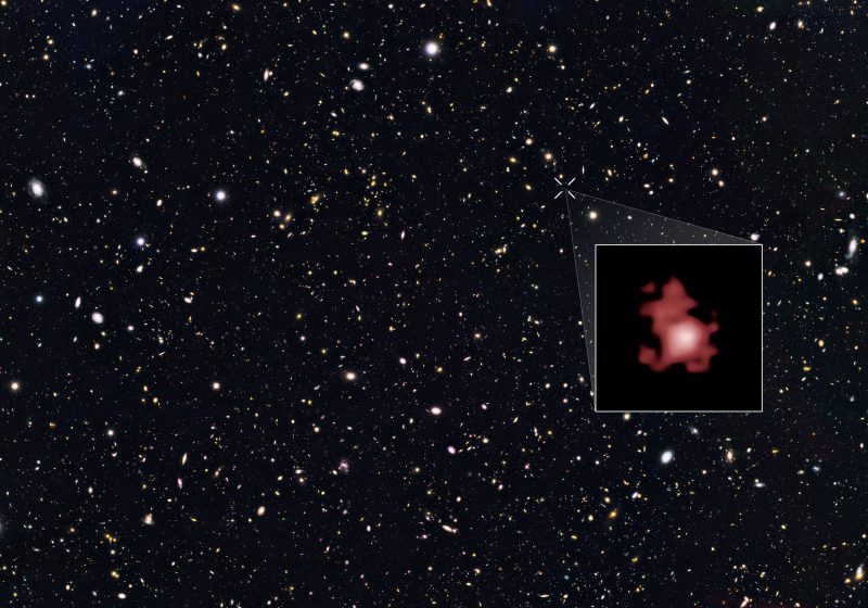 Very many distant galaxies, looking like a star field, with inset of irregular pink blob.