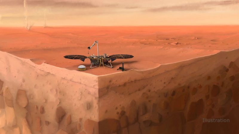 Robotic lander on a planetary surface, with a sectional view of the subsoil.