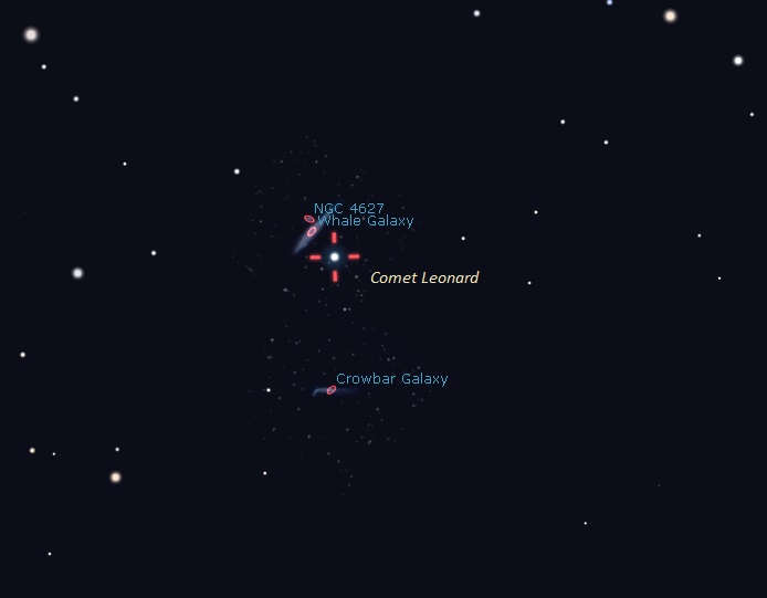 Диаграма с няколко звезди и отметки около местоположението на кометата.