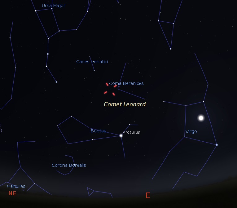 Диаграма със съзвездия и отметки за местоположението на кометата Леонард.