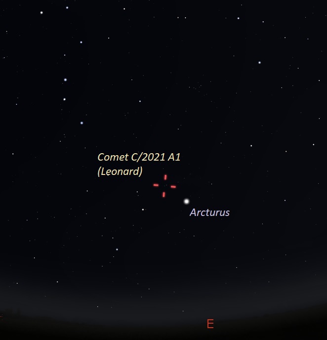 Star chart with labels and location of comet in tick marks.