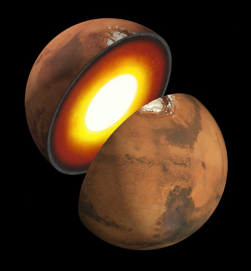 Reddish planet cut in half showing inner layers offered in orange, yellow and white.