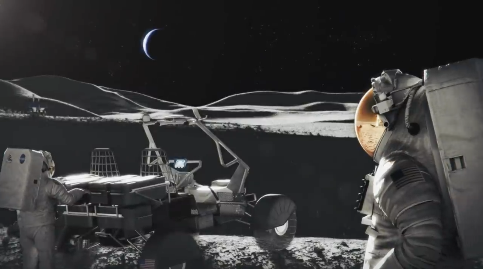 Spacesuited astronauts, next to lunar rover, on stark lunar surface, with Earth in the sky.
