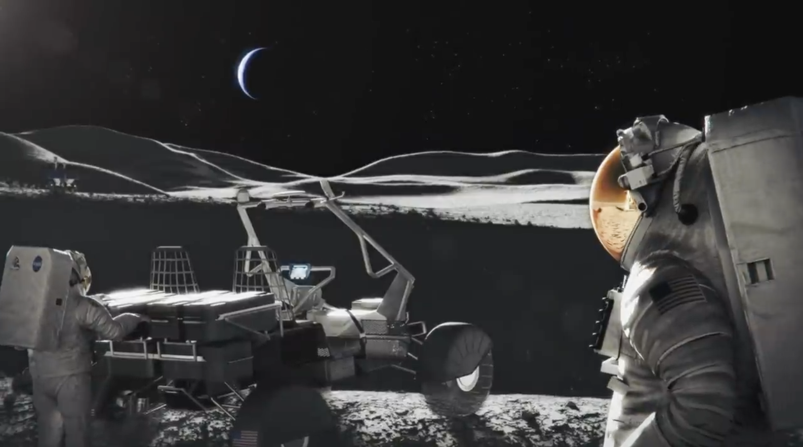 Spatial astronauts, next to lunar rover, on a strong lunar surface, with the earth in the sky.