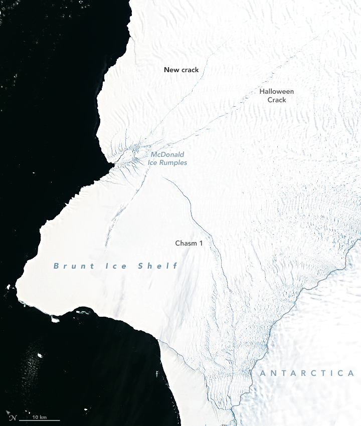 Large stark white area contrasting with black sea. Cracks visible in ice.