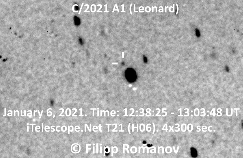 Gray star field, with the comet, a tiny black dot, surrounded by larger black dots.