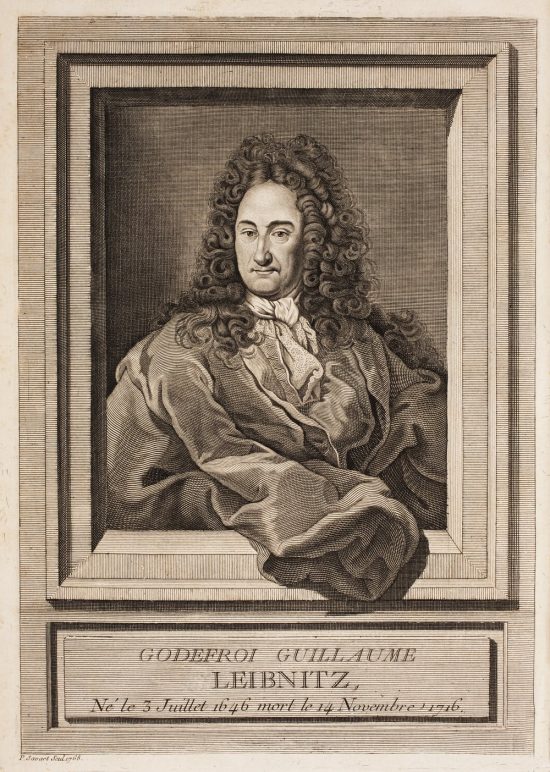 Antique etching of older man with long curly hair in a windowframe.