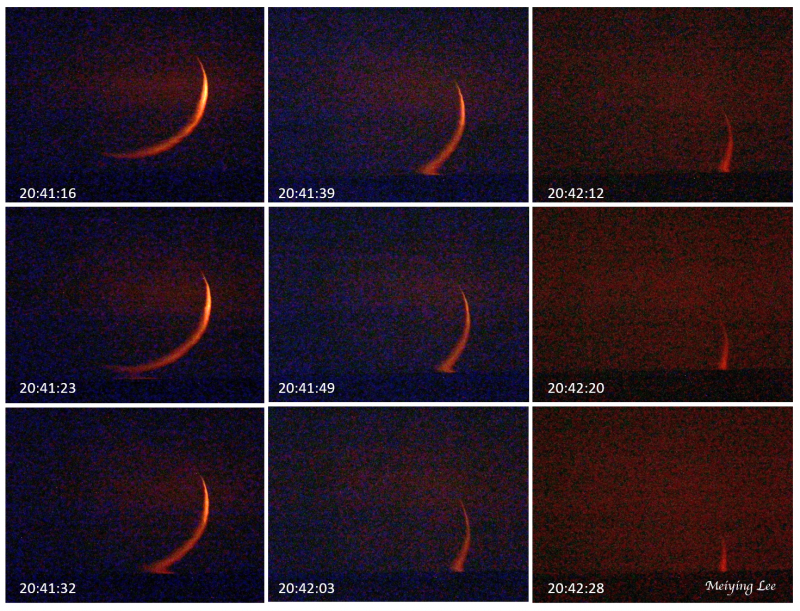 A series of images of the very thin waxing crescent moon, setting over water.