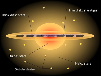 A flat galactic disk, and a spherical 'halo' centered on the disk's center.