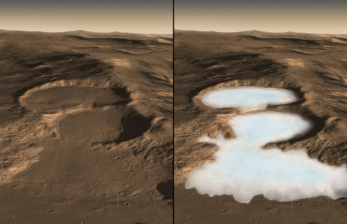 Reddish terrain with craters on the left, and the same terrain but with white patches filling the craters on right.