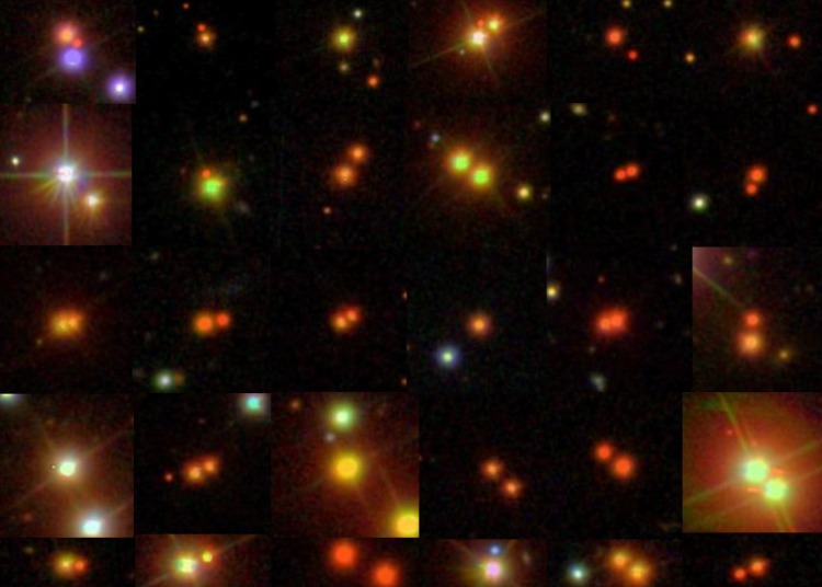 Composite of many multicolored pairs of stars, moslly in red and yellow hues.