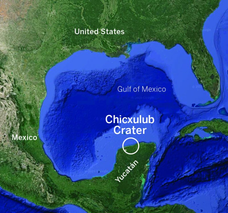 Map with white circle half as wide as Yucatan Peninsula, partly in the sea.