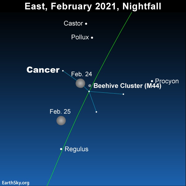 Moon in fornt of the constellation Cancer on February 24, 2021.