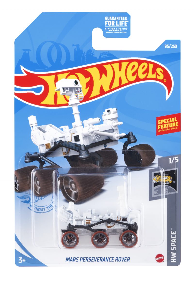 Small six-wheeled toy vehicle in plastic packaging with Hot Wheels logo.