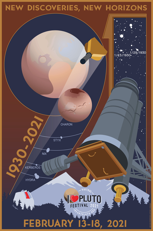 Poster with drawing of Pluto and telescope over forest and mountains with text annotations.