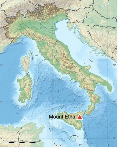 Map of Italy and Sicily with small red triangle on east coast of Sicily.