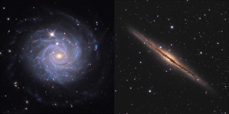 Two galaxies, one seen as a flat spiral in purple, the other as a diagonal line in yellow.