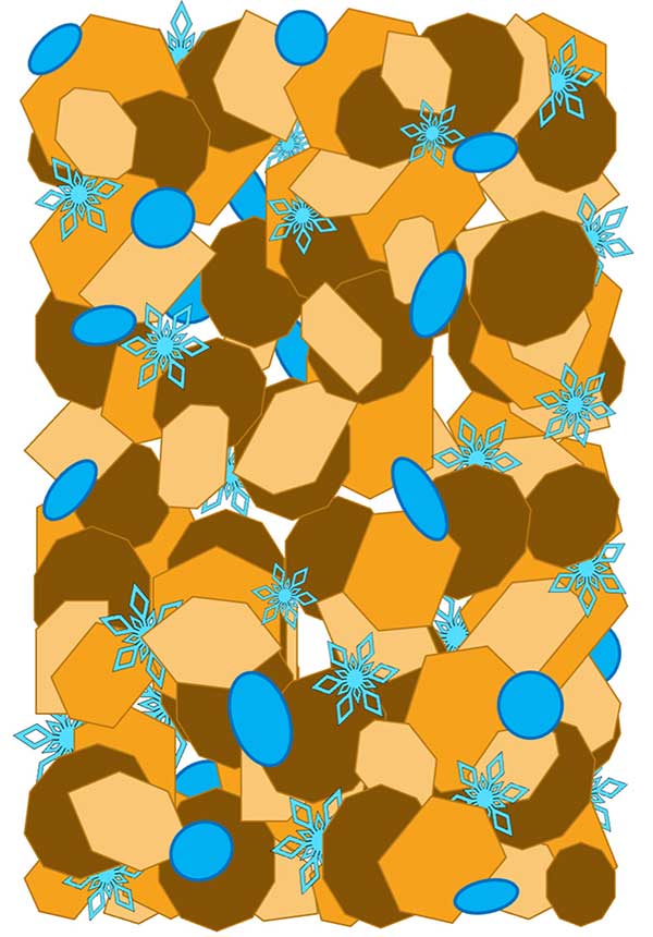 Various small blue, orange and brown shapes including snowflakes mixed together.