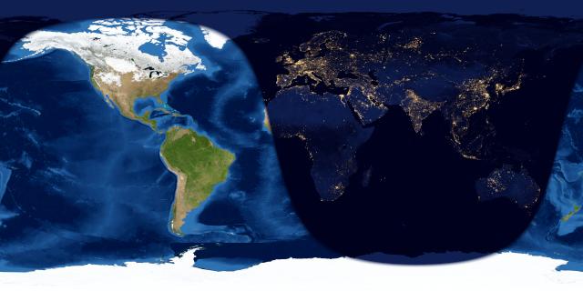 Worldwide map of day and night sides of Earth one day after new moon.