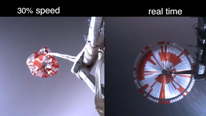 A split screen. Left: a red and white parachute is opening. Right: it appears fully deployed.