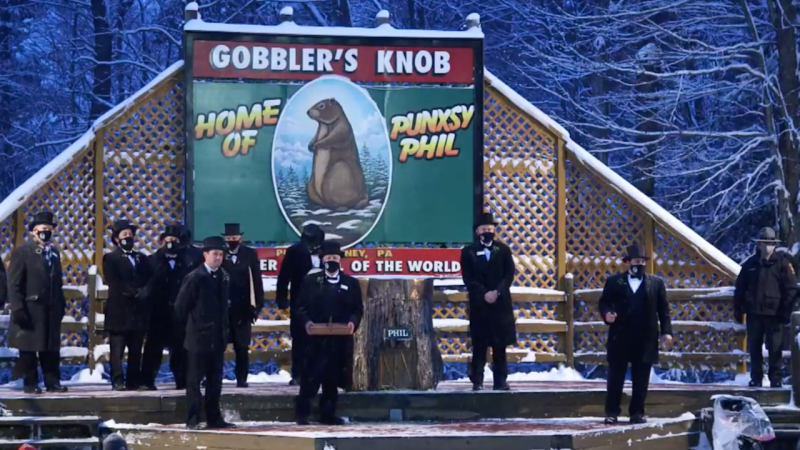 Men in tuxes and top hats at dawn, on a stage, with a big groundhog billboard behind them.