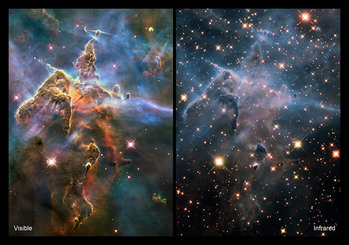 A 2-panel image with dense clouds in space on the left and the same clouds more tenuous with more stars on right.