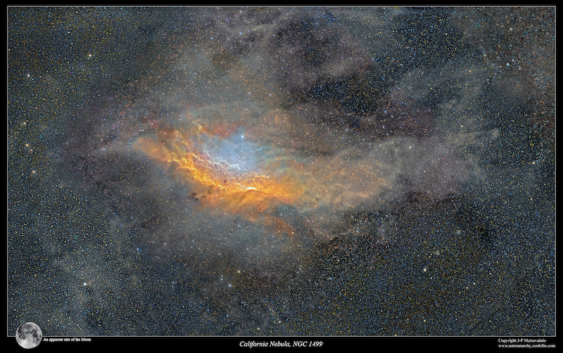 Star-strewn patch of sky in the Milky Way, with a gaseous nebula in orange blue and white colours.