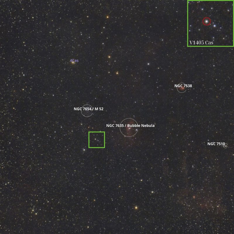 Labeled starfield with box around the nova.