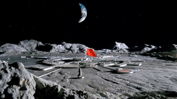 An artist's concept of a wheel-shaped base on the moon.