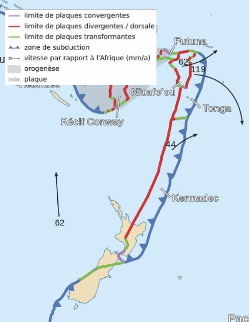 Map, mostly blue sea with red and dark blue north-south lines (the plate boundaries) near New Zealand.