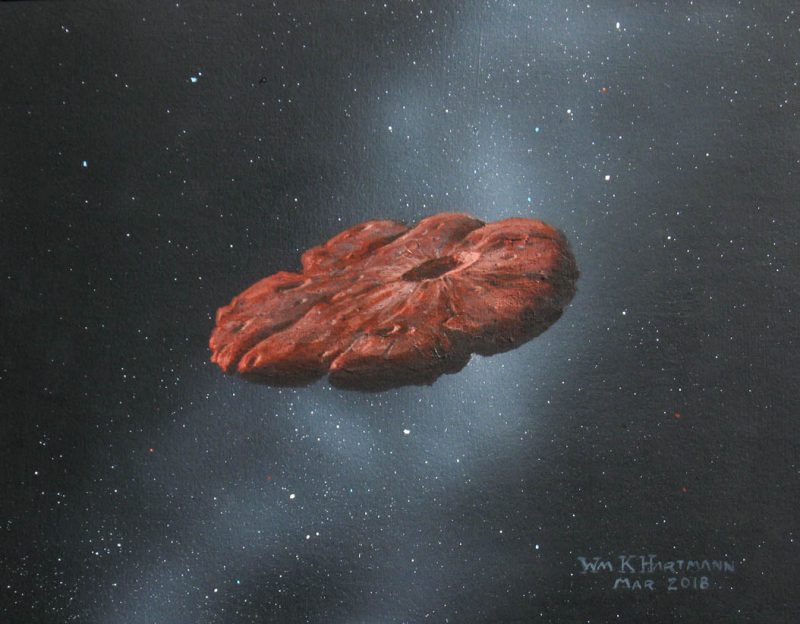 Flat pancake-shaped rock floating in space.