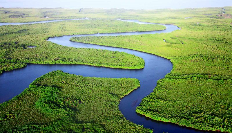 Aerial view of blue river winding through green forested landscape.