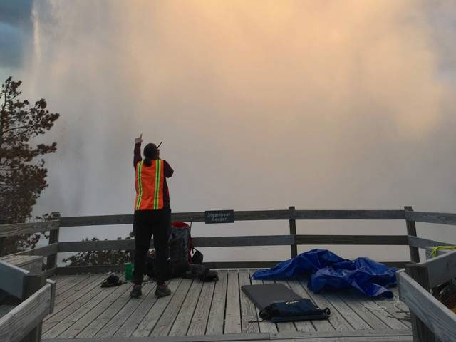 Back view of woman in neon vest standing on wooden viewing platform in front of billowing steam.