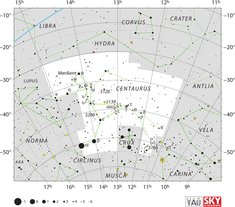 A star map of the Centaurus showing the Southern Cross constellation nearby.
