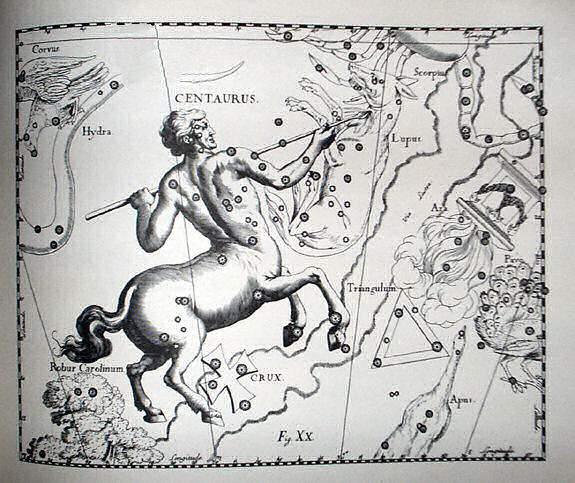 Antique etching of a centaur holding a spear with scattered stars in black on white.
