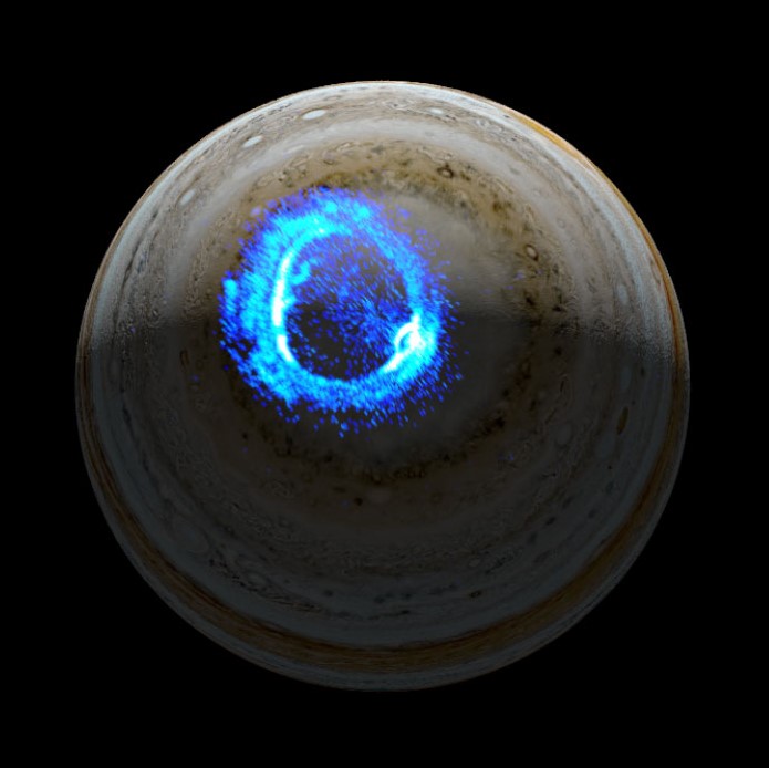 Neon blue ring seen from above around Jupiter's pole.