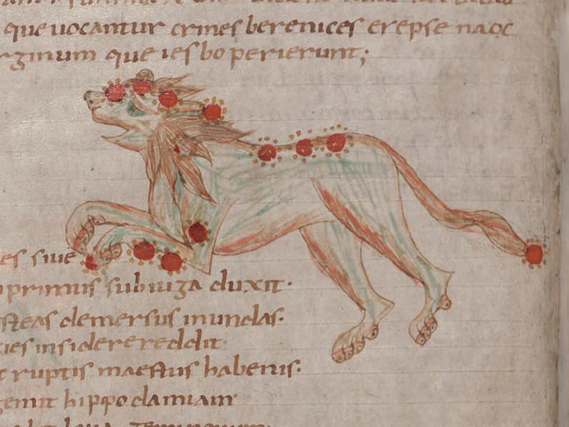 Manuscrito antiguo con caligrafía latina y una imagen de un león.