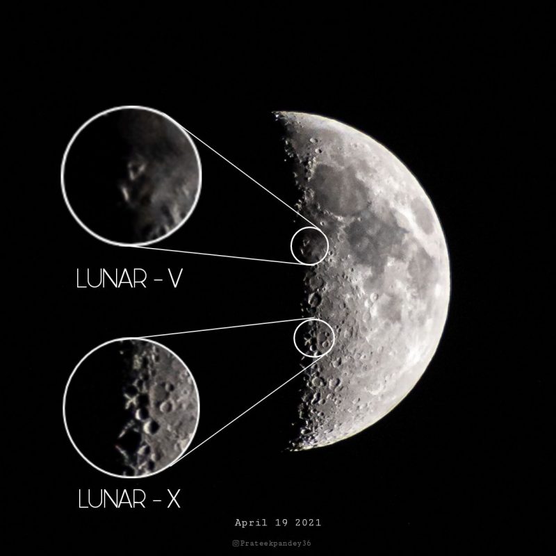 Half-lit moon with 2 close-ups cirles of lunar X and lunar V.