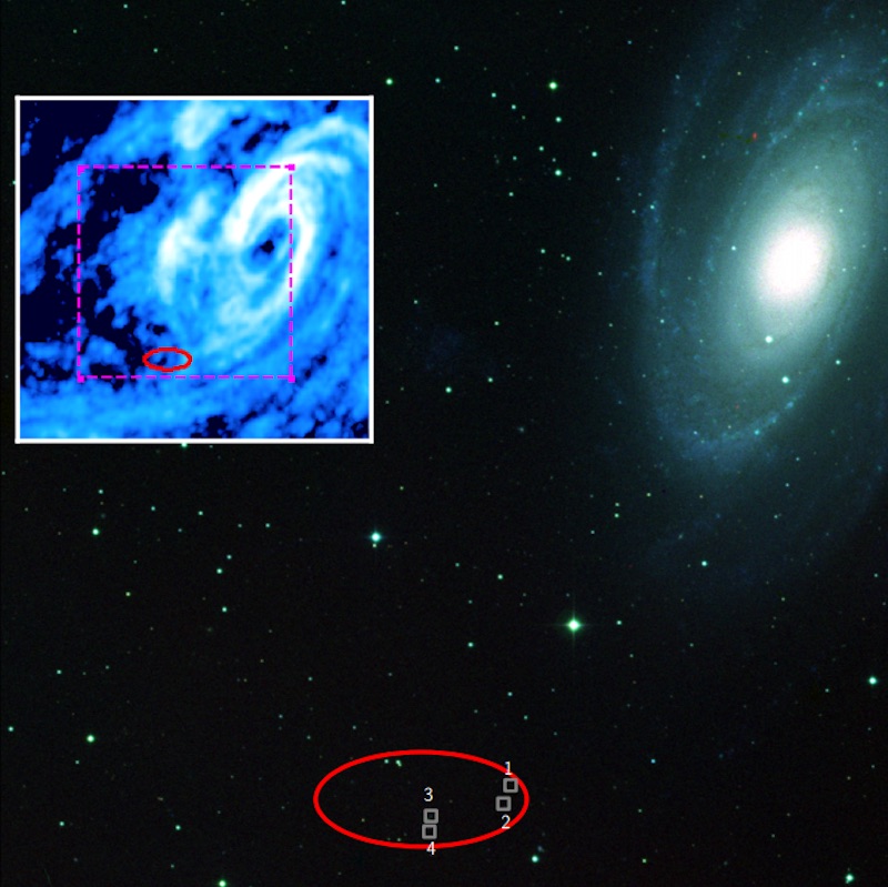 A star field with a bright white-green galaxy to the right, an insert of a larger part of the field in left, with the galaxy's gas in blue-white, a red square indicating the size of the field, and a red oval at the bottom centre of the image, indicating the location of the signals.