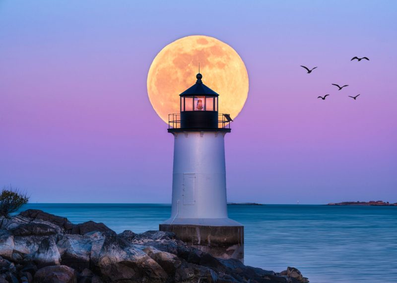 Lighthouse with large full moon behind top, with pink sky in background and birds flying by.