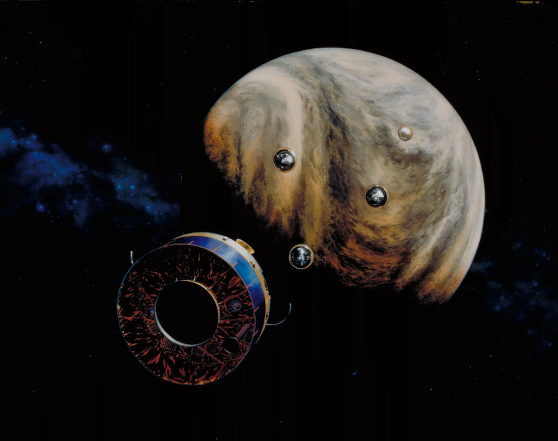Artist's depiction of 4 small probes approaching the planet Venus.