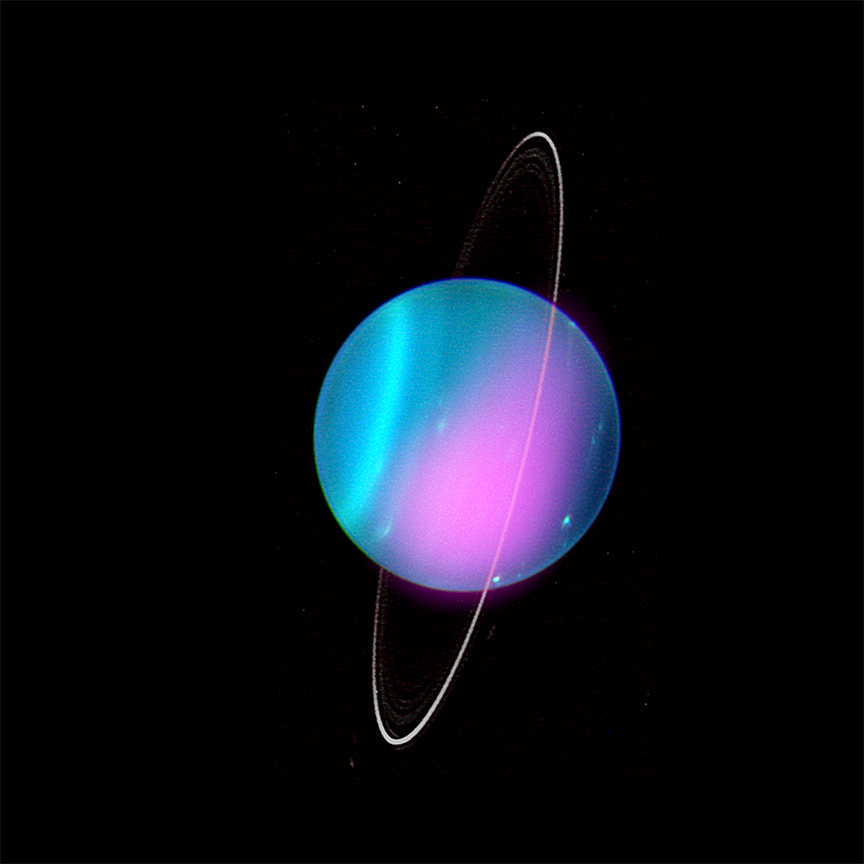 Colorful planet with bands in atmosphere and thin rings.