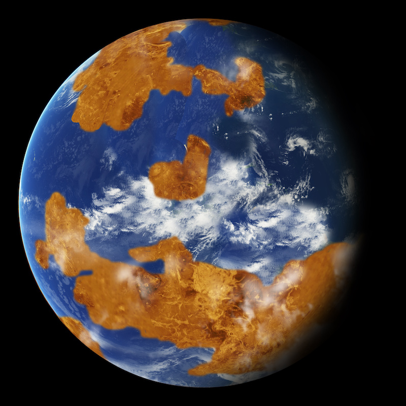 Earth-like planet in space with brown land, blue oceans, and white clouds.