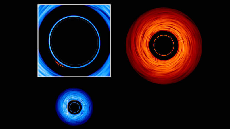 Bright blue and red rings on black background.