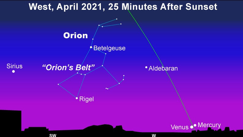 Constellation Orion, slanted ecliptic line, 2 planets close together just over horizon.