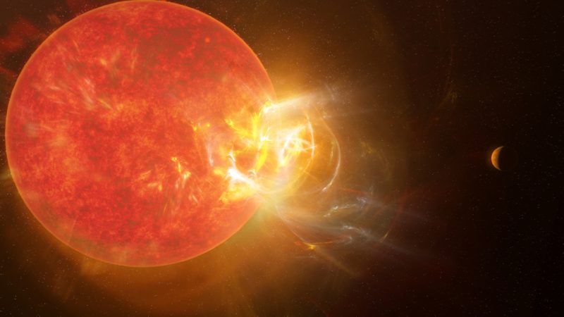 A big red star, with a giant flare erupting from one side.